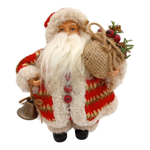 Other - Old World Santa Claus in Red Coat Faux Fur Christmas Figure Bell Pinecone Sack